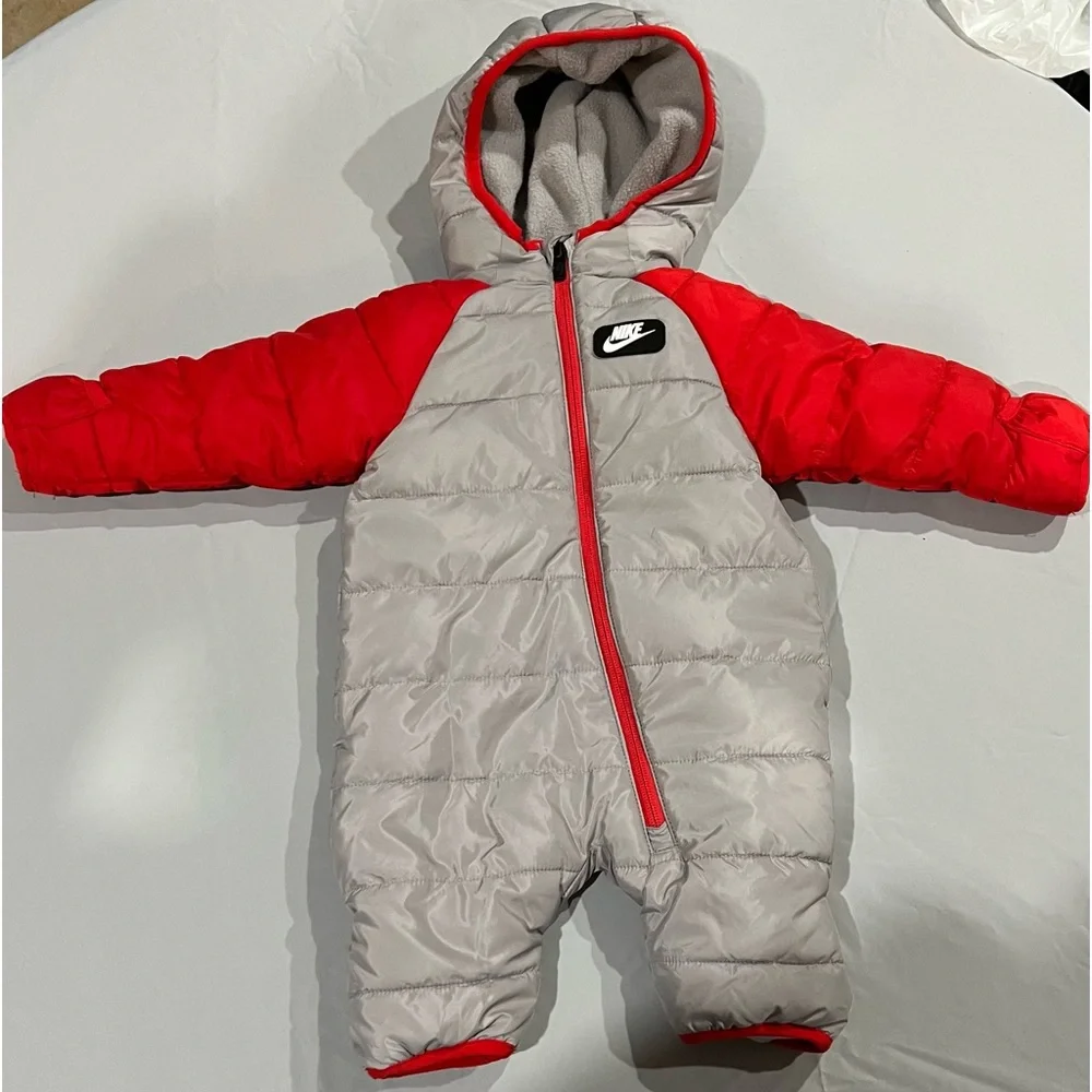 Nike Gray and Red Quilted Baby One-Piece Snowsuit
